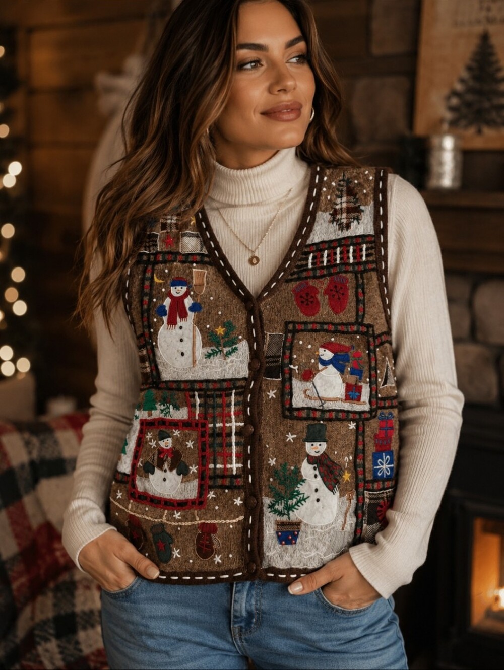 Vintage 90s Patchwork Quilt Holiday Snowman Sweater Vest Brown Mom Heritage Y2K
